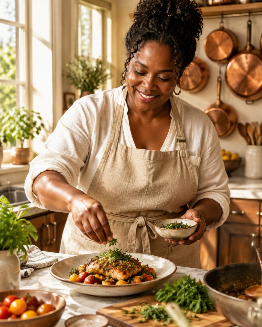 A home cook in a linen apron plating a dish in a warm sunlit Charlotte kitchen