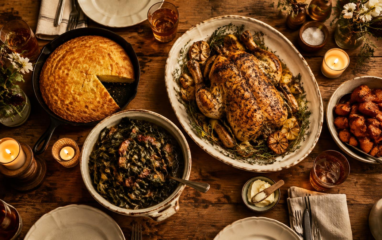 An overhead view of a Southern home-cooked feast: cast-iron cornbread, braised greens, and a roast on a reclaimed wood table