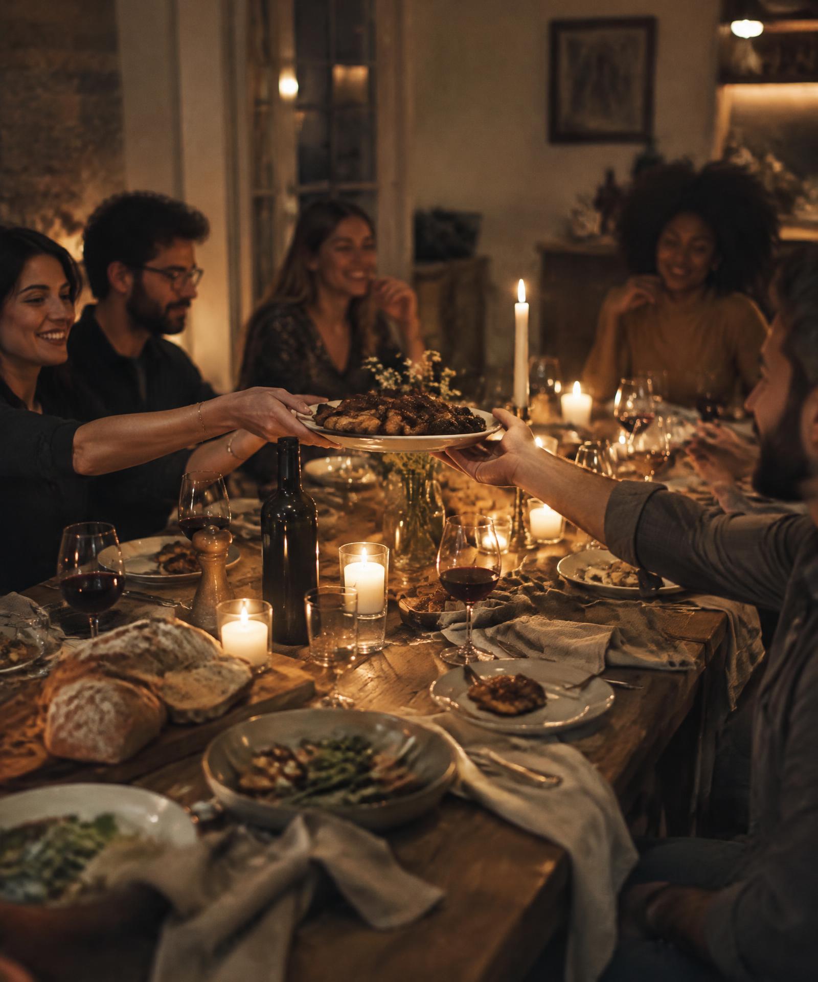 Friends passing a platter of roasted food across a candlelit home dinner table