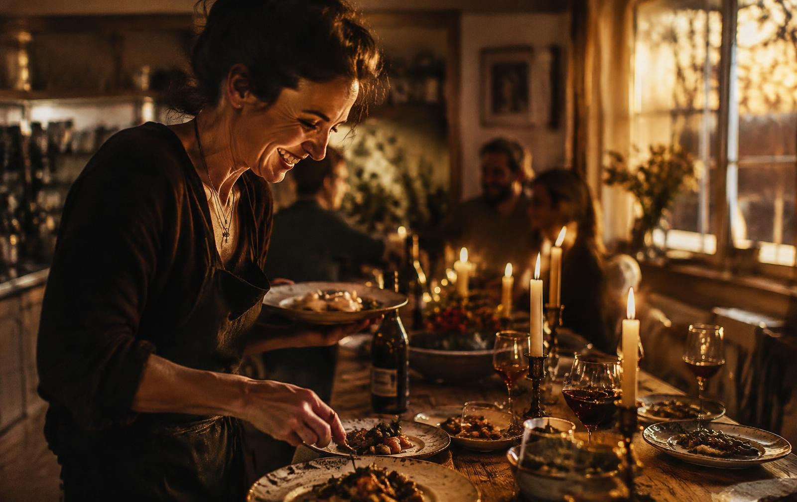 A home cook smiling as she plates dinner at a candlelit table of guests
